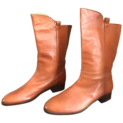 Pre-owned Perry Ellis New 1980s  Size 6 Tan Saddle Leather Deadstock Calf Booties Boots In Brown