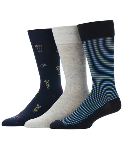 Perry Ellis Portfolio Men's Flamingo And Stripe Patterned Crew Socks, 3-pack In Blue