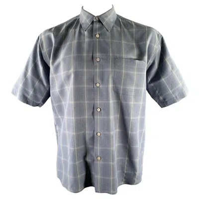 Pre-owned Perry Ellis Size L Blue Grey Plaid Rayon Blend Pointed Collar Short Sleeve Shirt In Gray