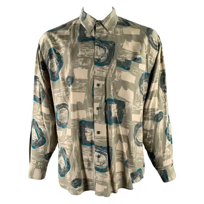 Pre-owned Perry Ellis Size L Green Olive Abstract Silk Pointed Collar Long Sleeve Shirt