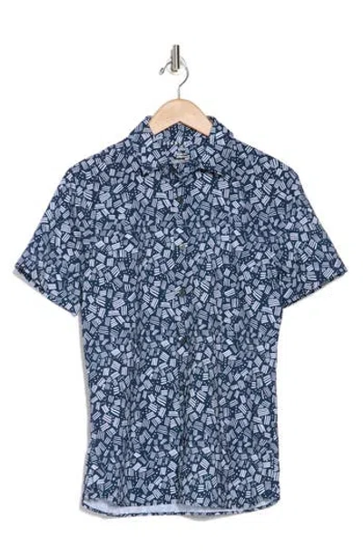 Perry Ellis Slim Fit Block Short Sleeve Stretch Button-up Shirt In Dark Sapphire