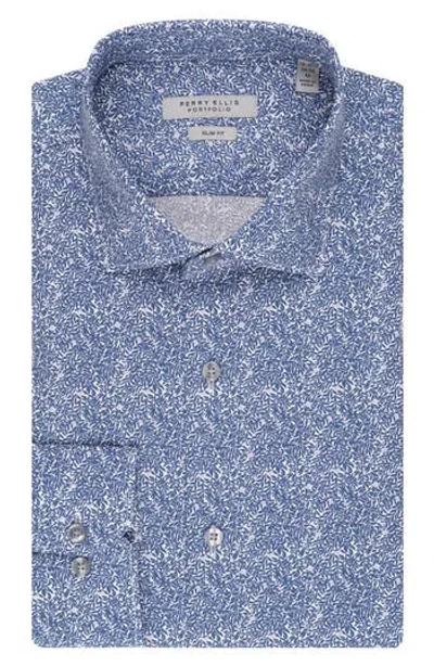 Perry Ellis Slim Fit Floral Dress Shirt In Blue