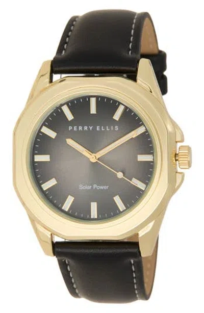 Perry Ellis Solar Faux Leather Strap Watch, 42mm In Gold