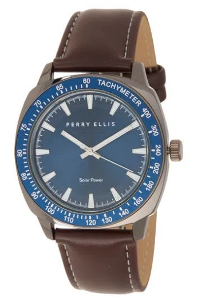 Perry Ellis Solar Powered 3-hand Quartz Faux Leather Strap Watch, 41mm In Brown