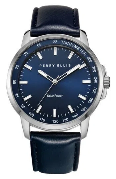 Perry Ellis Solar Powered 3-hand Quartz Leather Strap Watch, 41mm