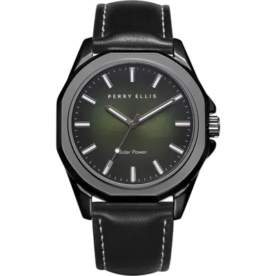 Perry Ellis Solar Powered 3-hand Quartz Leather Strap Watch, 41mm In Black