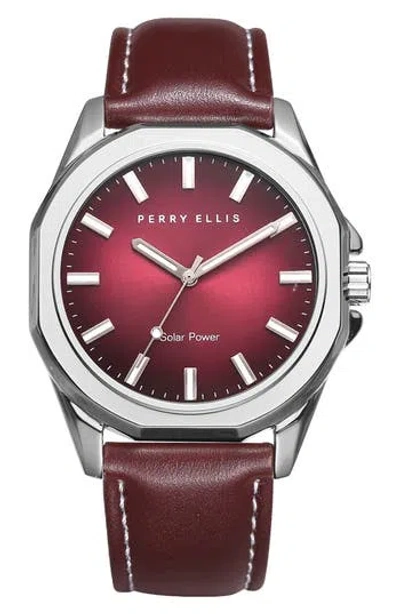 Perry Ellis Solar Powered 3-hand Quartz Leather Strap Watch, 41mm In Silver