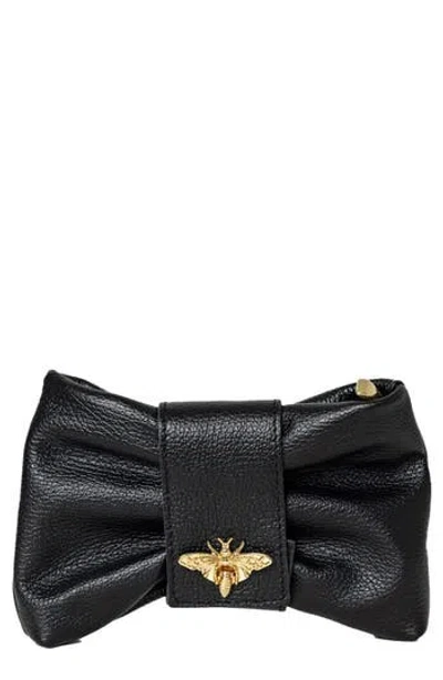 Persaman New York Bee Bow Leather Clutch In Black