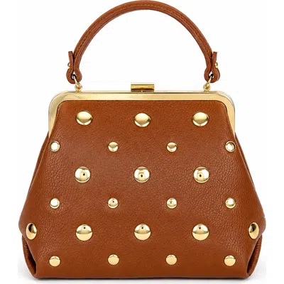 Persaman New York Serena Studded Leather Kiss-lock Satchel In Saddle