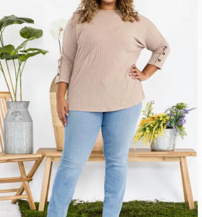 Perseption Concept Plus Size - Button Sleeve Doman Knit Top In Taupe In Grey