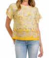 Perseption Floral Ruffle Short Sleeve Top In Yellow In Gold
