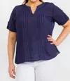 Perseption Pleated Blouse With Button Sleeve Plus Size In Navy In Blue