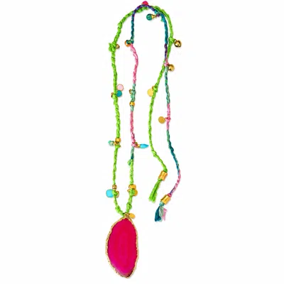 Persia Dona Jewelry Women's Agate Slice X Sari Silk Cord Necklace In Yellow
