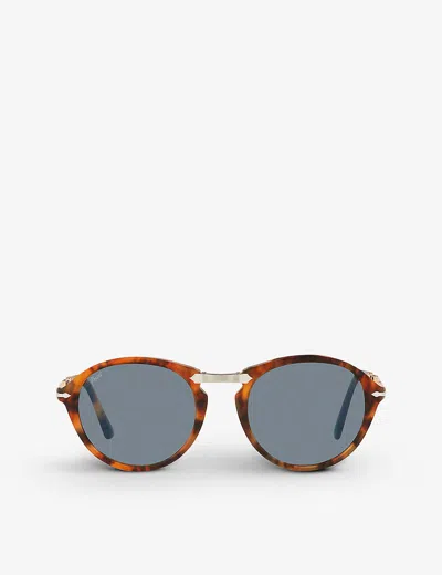 Persol Po3274s Round-frame Folding Acetate And Metal Sunglasses In Brown