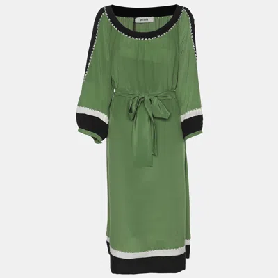 Pre-owned Persona Green/black Silk Whip Stitch Detail Midi Dress L