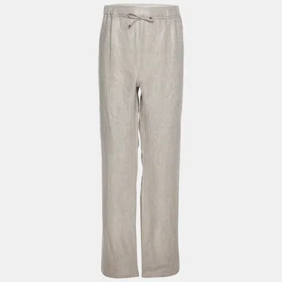 Pre-owned Persona Metallic Beige Linen Wide Leg Trousers Xl In Silver