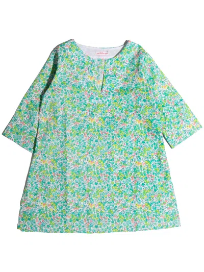 Pesciolino Rosso Kids' Caftan With Green Flowers In Verde