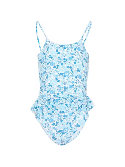 Pesciolino Rosso Kids' Floral Ruffled Swimsuit In Blue