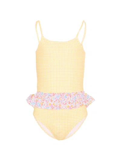 Pesciolino Rosso Kids' Gingham Floral-print Swimsuit In Yellow