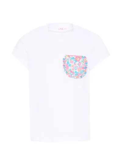 Pesciolino Rosso Kids' Ruffled Floral-pocket T-shirt In White