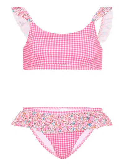 Pesciolino Rosso Kids' Ruffled Gingham Bikini In Pink