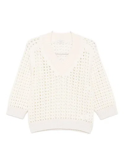 PESERICO AIRY WHITE KNIT SWEATER WITH V-NECKLINE