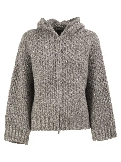 Peserico Alpaca Blend Knitted Hooded Cardigan With Sequins In Gray