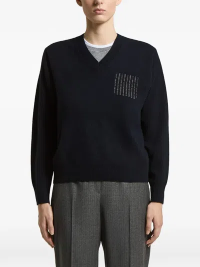 Peserico Bead-embellished V-neck Jumper In Blue
