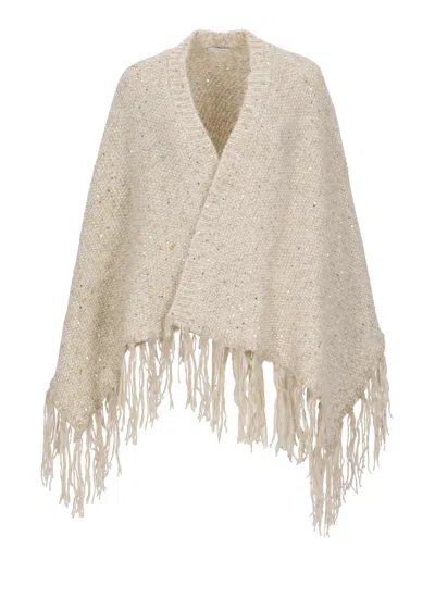 Peserico Beige Knitted Cape With Lurex Motif And Fringed Hem In Neutral