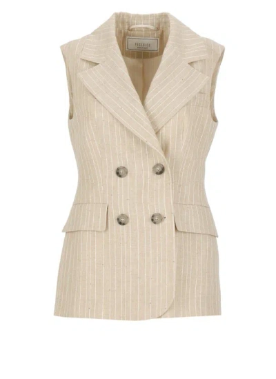 Peserico Beige Linen Doublebreasted Gilet In Neutrals