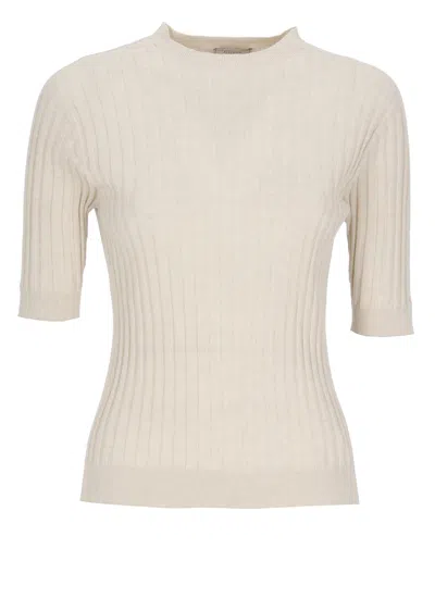 Peserico Beige Ribbed Pattern Cotton Knit Top In Neutral