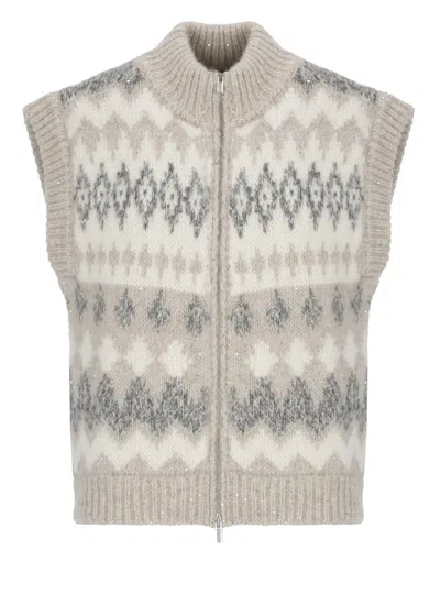 Peserico Beige Sequin Patterned Vest In Gray