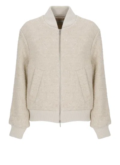 Peserico Beige Sequined Jacket With Ribbed Detailing And Zip Closure In Animal Print