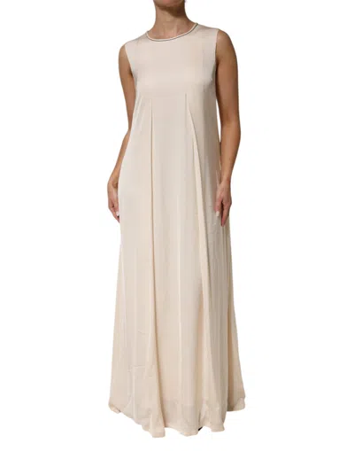 Pre-owned Peserico Beige Viscose Pleated Sleeveless Long Maxi Women's Dress () In Sand
