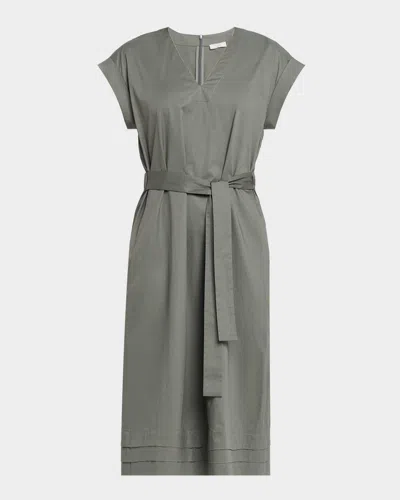 Peserico Belted Cap-sleeve Cotton Midi-dress In Gray