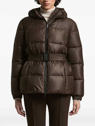 Peserico Belted Hooded Puffer Jacket In Brown