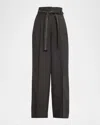 Peserico Belted Wide-leg Wool Flannel Trousers In Black