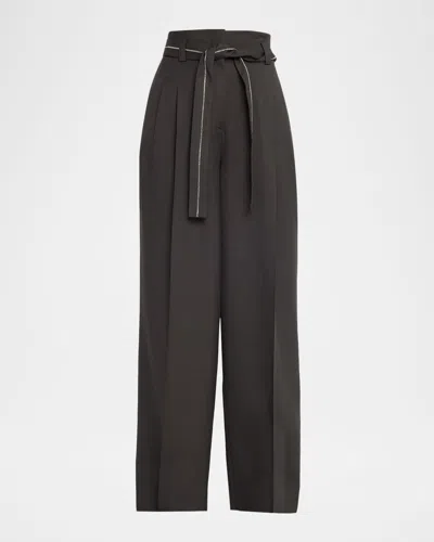 Peserico Belted Wide-leg Wool Flannel Trousers In Black