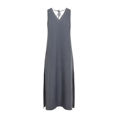 Peserico Blue V-neckline Linen Long Dress In Gray