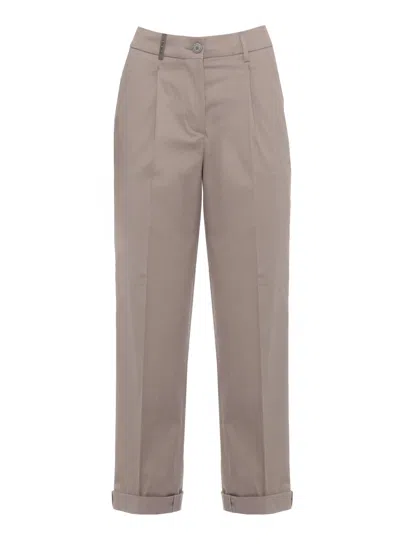 Peserico Brown Cotton Embellished Straight-leg Pants In Gray