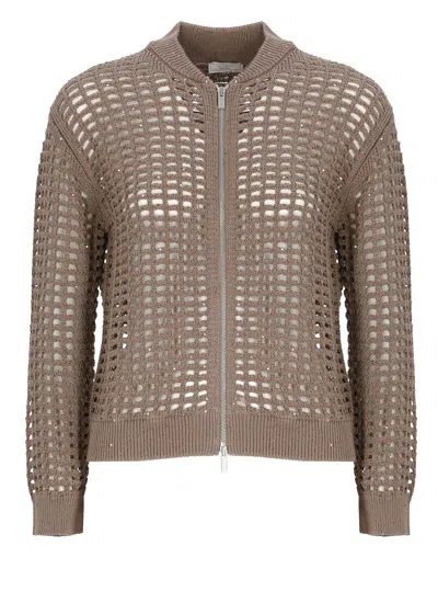 Peserico Brown Perforated Sequin Zip Cardigan