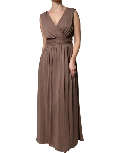 Pre-owned Peserico Brown Sleeveless Deep V-neck A-line Long Maxi Women's Dress ()