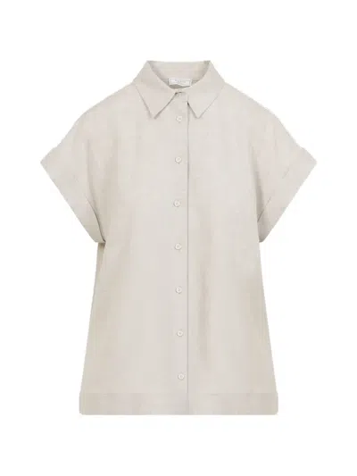 Peserico Linen Short Sleeve Shirt Rolled Cuffs In Neutral