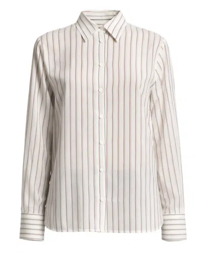 Peserico Button-down Shirt With Vertical Stripes And Curved Hem In White