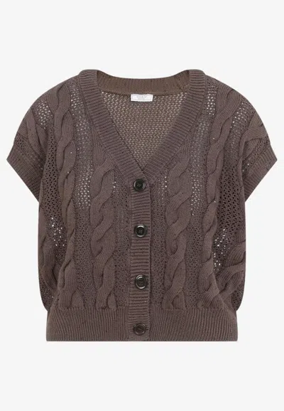 Peserico Cable Knit Cropped Cardigan In Brown