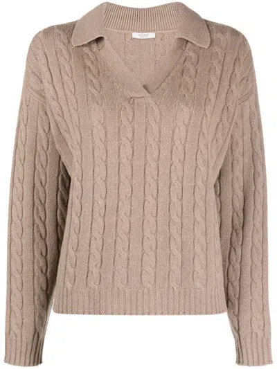 Peserico V-neck Cable-knit Tricot Sweater In Cnidus Stone