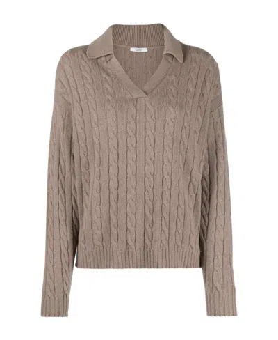 Peserico Cable-knit Wool-blend Polo Jumper In Brown