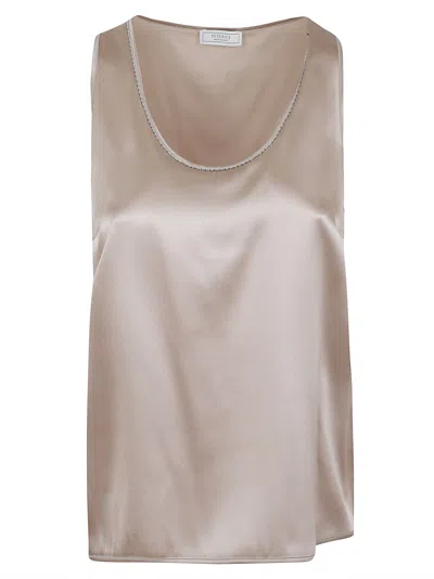 Peserico Satin Scoop Neck Sleeveless Top With Trim In Neutral