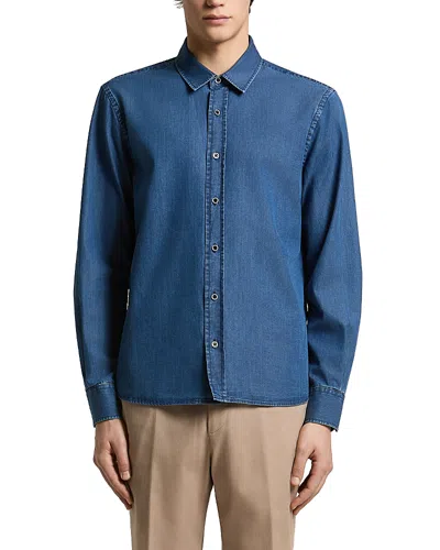 Peserico Chambray Point Collar Cotton Shirt In Blue