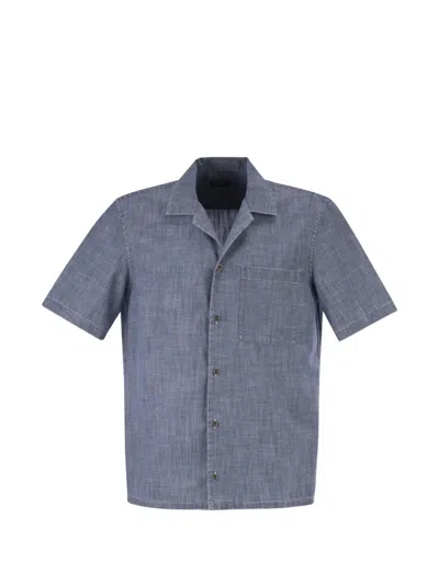 Peserico Lightweight Cotton Chambray-effect Short-sleeve Shirt In Blue